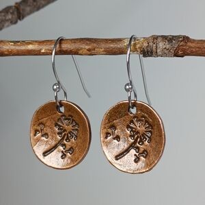 HAND CRAFTED EARRINGS Copper Dandelion Mixed Metal Minimalist Dangle